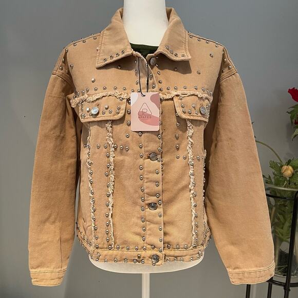 NEW APA Denim Studded Boyfriend Frayed Trucker Oversized Utility Jacket Khaki … - Picture 1 of 11